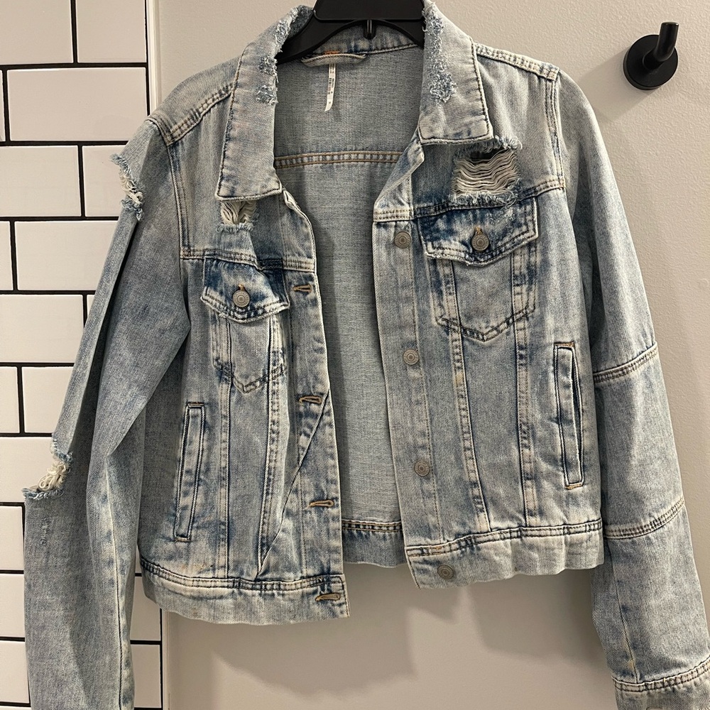 Free People Light Blue Distressed Jean Jacket - Picture 1 of 3